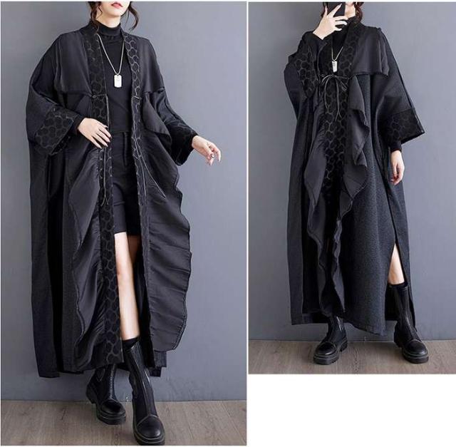 冬新作 予約商品 レイヤード ワンピース ブラック ドレープ ドット柄 ロング丈 ドルマンスリーブ 秋冬 ゆったり 大人 大きいサイズ レディース レディース 大人 30代 40代 50代 冬服 202411の通販は