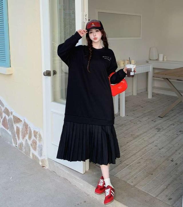 冬新作 予約商品 裏起毛 ワンピース ロング丈 クルーネック プリーツスカート付き カジュアル 秋冬 ブラック 大きいサイズ レディース レディース 大人 30代 40代 50代 冬服 202411の通販は 8,520円