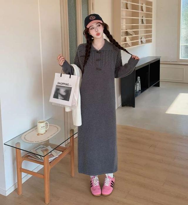 冬新作 予約商品 ワンピース ロング ケーブルニット ボタン付き カジュアル 秋冬 グレー シンプル 大きいサイズ レディース レディース 大人 30代 40代 50代 冬服 202411の通販は