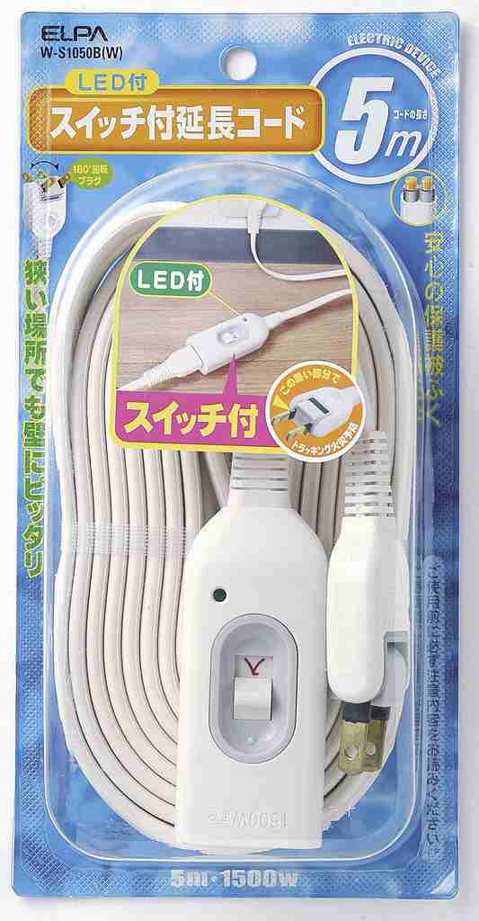 （まとめ買い）ELPA スイッチ付延長コード 5M  W-S1050B(W) 〔×3〕の通販は
