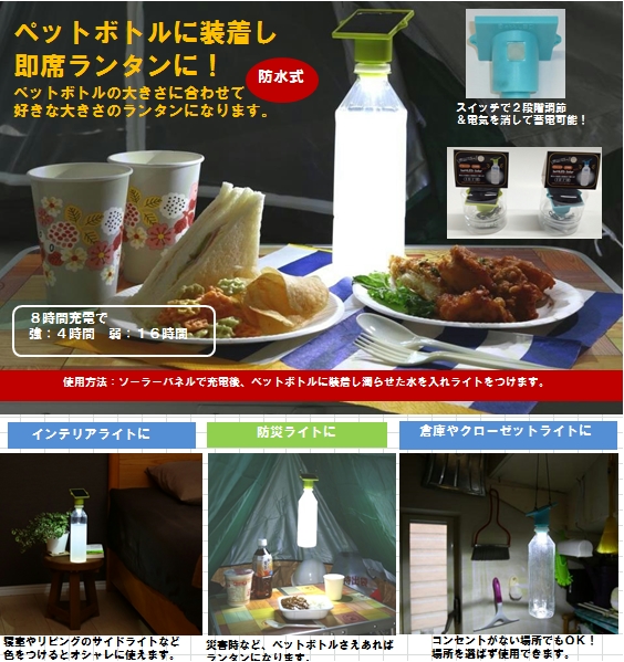 水を入れた ペットボトル が増幅発光する 防水 充電 ソーラー ライト Bottled Solar ブルー F9148の通販はau Pay マーケット フジックス