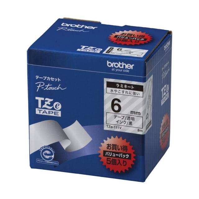 （まとめ買い）ブラザー ピータッチテープ ラミネートテープ 透明地/黒字  6mm 5本パック TZE-111V 〔×3〕 【北海道・沖縄・離島配送不可】