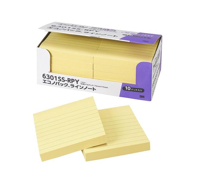 （まとめ買い）スリーエム ポストイット 強粘着ノート 罫線入り イエロー エコノパック 75×75mm 90枚×10個 6301SS-RPY 〔×3〕 【北海道・沖縄・離島配送不可】