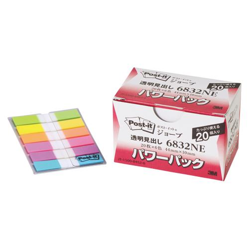 （まとめ買い）スリーエム ポストイット ジョーブ 透明見出し パワーパック 44×10mm 6色×20パック 6832NE 〔×3〕 【北海道・沖縄・離島配送不可】