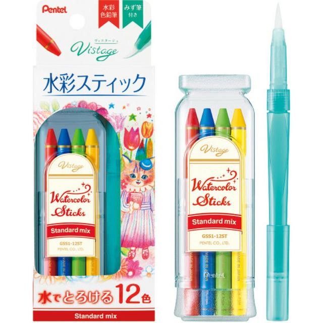 （まとめ買い）ぺんてる ヴィスタージュ 水彩色鉛筆 水彩スティック 12色セット スタンダードミックス GSS1-12ST 〔×3〕 【北海道・沖縄・離島配送不可】