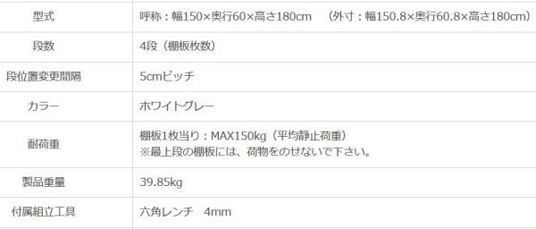スチールラック　KT-7　4段 間口1500×奥行600×高さ1800mm　ホワイトグレー 【北海道・沖縄・離島配送不可】_4