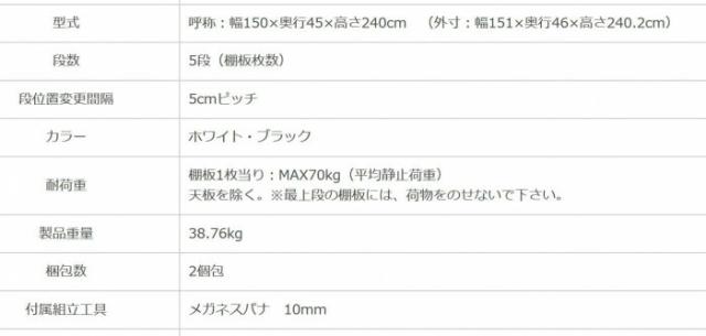 スチールラック　NC1500-24-5段 間口1500×奥行450×高さ2400mm　ホワイト 【北海道・沖縄・離島配送不可】_2