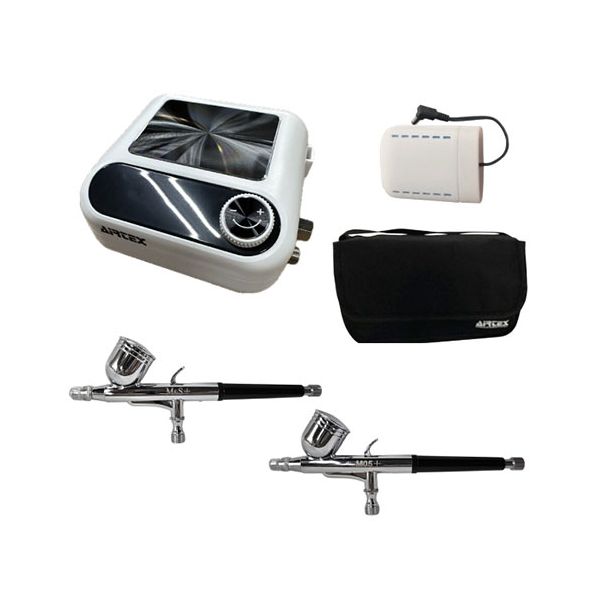 エアテックス AIRTEX コンプレッサー+エアブラシ×2 セット(スピカ2+エアレバ仕様0.3mm/0.5mm口径) APC032-S 【北海道・沖縄・離島配送不可】