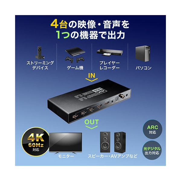 サンワダイレクトHDMI切替器(4K/60Hz HDR対応 4入力1出力 光デジタル 同軸デジタル端子 ARC) 400-SW0331個 【北海道・沖縄・離島配送不可】_3
