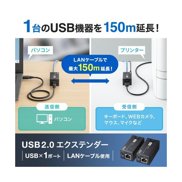 サンワサプライ USB2.0エクステンダー（150m延長・1ポート）送受信機セット USB-EXSET5 1台 【北海道・沖縄・離島配送不可】
