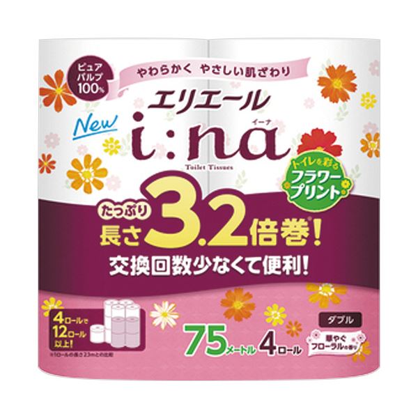 大王製紙 エリエールi：na（イーナ）トイレットティシュー 3.2倍巻 フラワープリント ダブル 芯あり 75m 1セット（64ロール：4ロール×16パック） 【北海道・沖縄・離島配送不可】