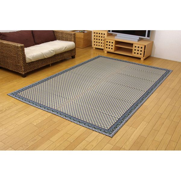 純国産/日本製 イ草花ござカーペット 『かれん』 ブルー 江戸間6畳（約261×352cm） 【北海道・沖縄・離島配送不可】