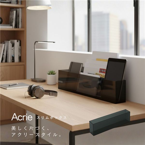 〔12個セット〕アクリー スリムボックス(ブラック/黒) スリッパラック 卓上収納 文房具 収納ケース 小物 デスク周り 整理 玄関 オフィス デスクオーガナイザー 透明 スタイリッシュ 韓国インテリア アクリル製 完成品 NK-872 【北海道・沖縄・離島配送不可】