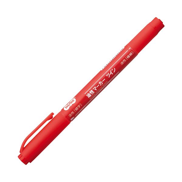 （まとめ） TANOSEE キャップ式油性マーカー ツイン 細字+極細 赤 1セット（50本） 〔×4セット〕 【北海道・沖縄・離島配送不可】