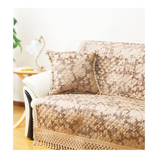 刺繍調キルトジャカード織 クッション ブラウン