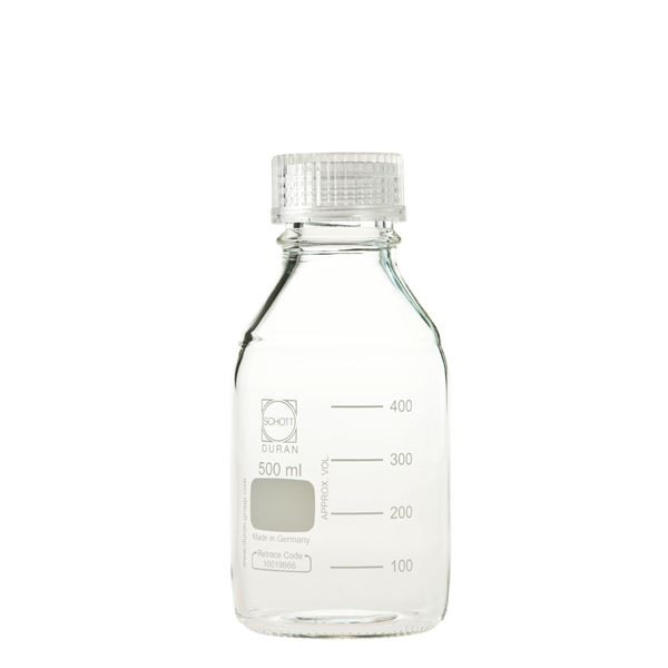 〔柴田科学〕ねじ口びん(メジュームびん) 透明キャップ付 500mL〔10個〕