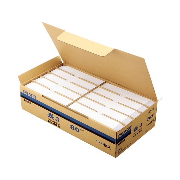 （まとめ） ピース R40再生ケント封筒 長3 80g／m2 〒枠あり ホワイト 業務用パック 483-80 1箱（1000枚） 〔×2セット〕 【北海道・沖縄・離島配送不可】_1