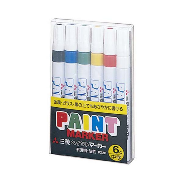 (まとめ) 三菱鉛筆 油性ペイントマーカー 中字丸芯 6色(各色1本) PX206C 1パック 〔×5セット〕 【北海道・沖縄・離島配送不可】