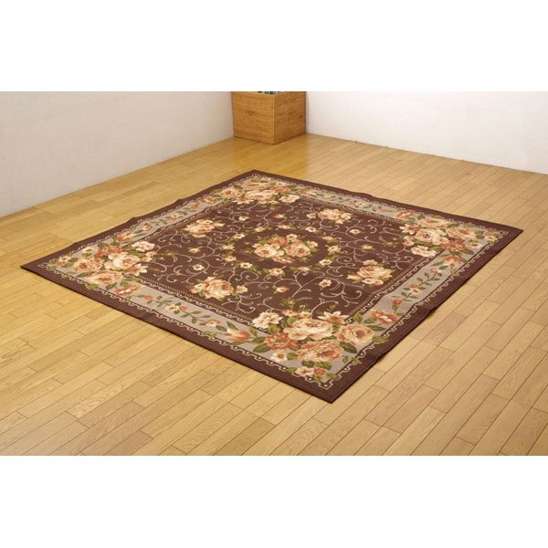 簡易 ラグマット/絨毯 〔花柄 ブラウン 約200×300cm〕 洗える 撥水加工 ナイロン オールシーズン対応 〔リビング〕〔代引不可〕〔代引不可〕 簡易 ラグマット&frasl;絨毯 花柄 ブラウン 約200×300cm 洗える 撥水加工