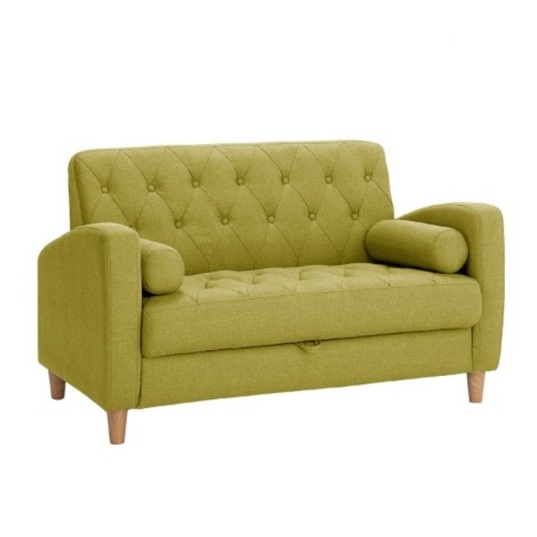 ソファー 〔2人掛け〕 ファブリック地 座面下収納 クッション/肘付き 北欧風 グリーン(緑) 【北海道・沖縄・離島配送不可】