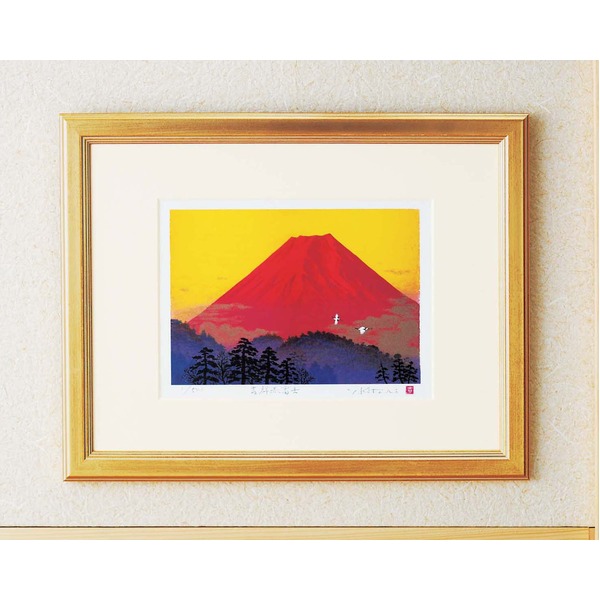 シルクスクリーン 満開の桜枝に赤富士 額装品 吉祥 開運 満願成就 F11134 シルクスクリーン 満開の桜枝に赤富士 額装品 吉祥 開運 満願成就