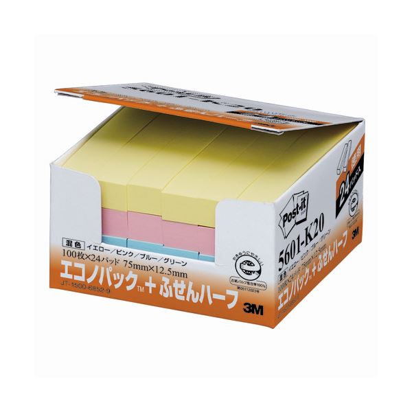 （まとめ） 3M ポストイット エコノパック ふせんハーフ 再生紙 75×12.5mm 混色 5601-K20 1パック（24冊） 〔×4セット〕 【北海道・沖縄・離島配送不可】