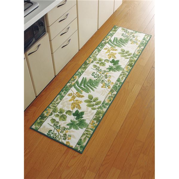 洗えるキッチンマット 〔ロング 50cm×180cm〕 南洋柄 日本製 グリーン(緑) 〔速乾 抗菌 防臭 吸水 滑り止め加工〕 【北海道・沖縄・離島配送不可】