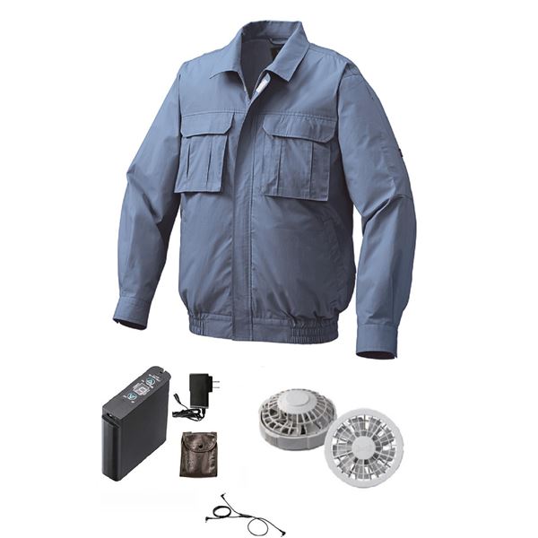 綿薄手脇下マチ付き 空調服(KU91900)/作業着 〔ファンカラー：グレー ライトブルー M〕 リチウムバッテリー(LIPRO2)セットの通販は