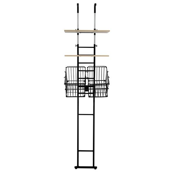 突っ張り式 洗濯機ラック/ランドリー収納 〔棚2枚+バスケット2個 type ブラック〕 幅55cm スチールフレーム 〔組立品〕