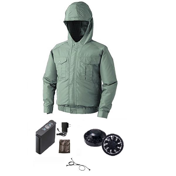 フード付 ポリエステル 空調服/作業着 〔ファンカラー：ブラック モスグリーン 4L〕 リチウムバッテリー付き 撥水性 LIPRO2 KU90810 【北海道・沖縄・離島配送不可】