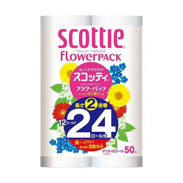 (まとめ) 日本製紙クレシア スコッティ 2倍巻き ダブル 芯あり 50m 1セット(48ロール：12ロール×4パック) 〔×5セット〕