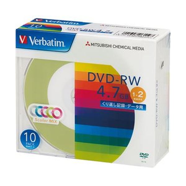 （まとめ）バーベイタム データ用DVD-RW4.7GB 1-2倍速 5色カラーMIX 5mmスリムケース DHW47NM10V1 1パック（10枚）〔×10セット〕 【北海道・沖縄・離島配送不可】