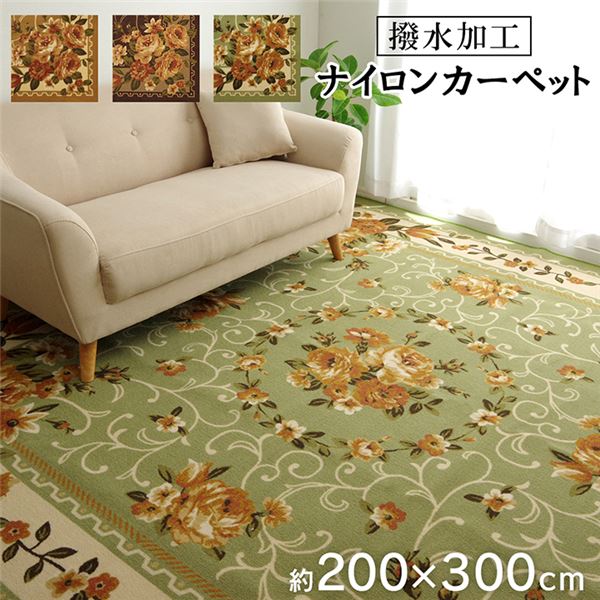 花柄 ラグマット/絨毯 〔グリーン 約200×300cm〕 洗える 撥水 速乾 ナイロン オールシーズン 〔リビング〕 【北海道・沖縄・離島配送不可】