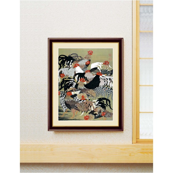 若冲 鳳凰 旭日〕〔動植綵絵額〕群鶏・白鳳・鶏□伊藤若冲 額装品（茶