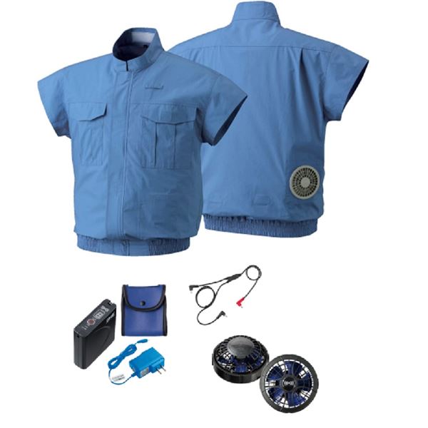 電設作業用 空調服 NO5732 〔ファンカラー：ブラックブルー カラー：ライトブルー 2L〕 パワーファンバッテリー(LISUPER1)セット 綿100% 【北海道・沖縄・離島配送不可】