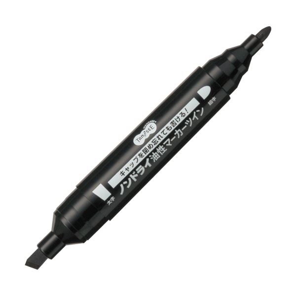(まとめ) TANOSEEキャップ式ノンドライ油性マーカー ツイン 太字+細字 黒 1本 〔×100セット〕 【北海道・沖縄・離島配送不可】