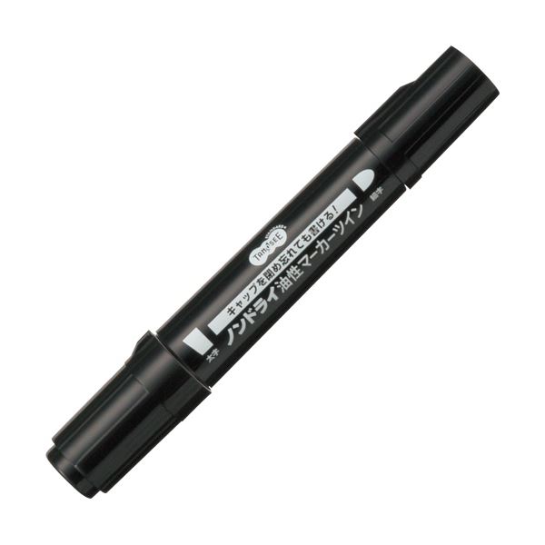 (まとめ) TANOSEEキャップ式ノンドライ油性マーカー ツイン 太字+細字 黒 1本 〔×100セット〕 【北海道・沖縄・離島配送不可】_1