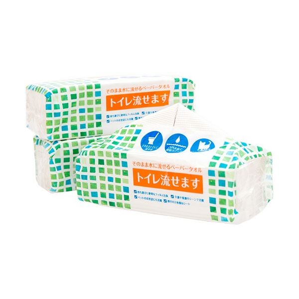 (まとめ) マスコー製紙 そのまま水に流せるペーパータオル トイレ流せます 200枚(100組) 1パック(3個) 〔×30セット〕 【北海道・沖縄・離島配送不可】