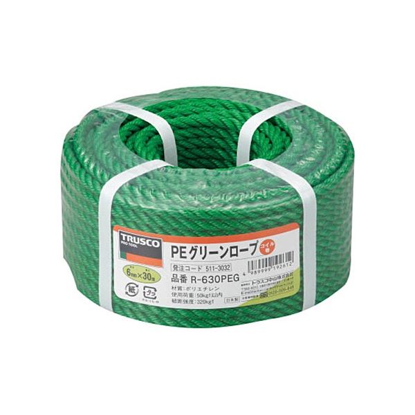 (まとめ) TRUSCO PEグリーンロープ 6mm×30m コイル巻 R-630PEG 1巻 〔×3セット〕 【北海道・沖縄・離島配送不可】