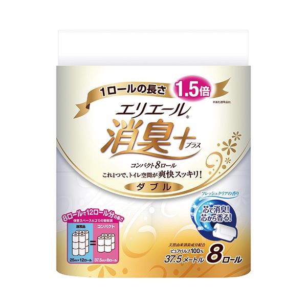 （まとめ）大王製紙 エリエール消臭+トイレットティシュー コンパクト ダブル 芯あり 37.5m 1パック（8ロール）〔×10セット〕 【北海道・沖縄・離島配送不可】