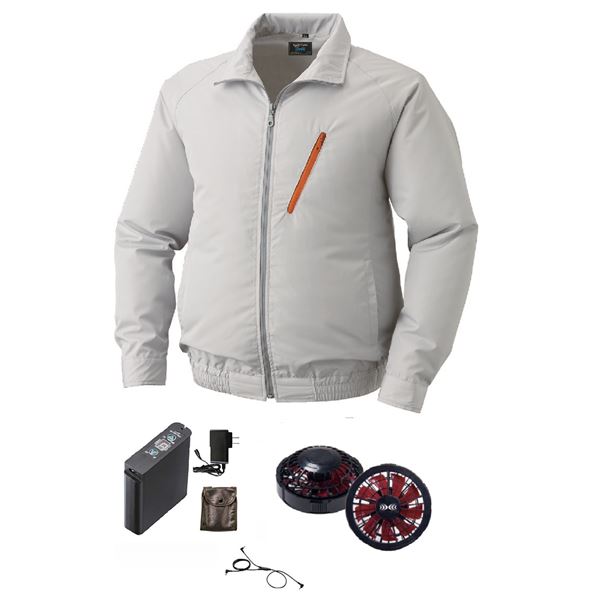 ポリエステル製 長袖 空調服/作業着 〔ファンカラー：ブラックレッド カラー：シルバー L〕 リチウムバッテリー付き LIPRO2 KU90510 【北海道・沖縄・離島配送不可】