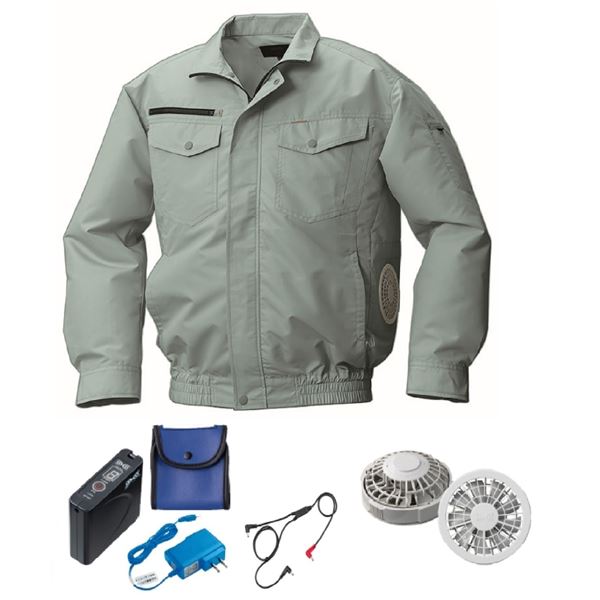 KU92030 空調服 R 綿・ポリ混紡 横ファン FAN2200G・CBB500ロングケーブル・LISUPER1セット モスグリーン LL 【北海道・沖縄・離島配送不可】