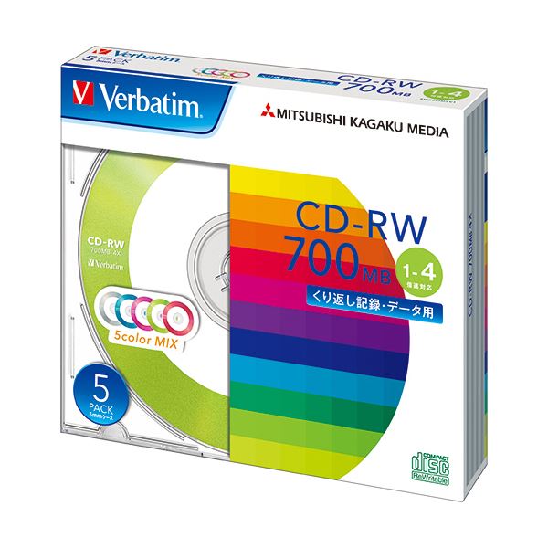 (まとめ) バーベイタム データ用CD-RW700MB 4倍速 5色カラーMIX 5mmスリムケース SW80QM5V1 1パック(5枚)  〔×10セット〕 【北海道・沖縄・離島配送不可】