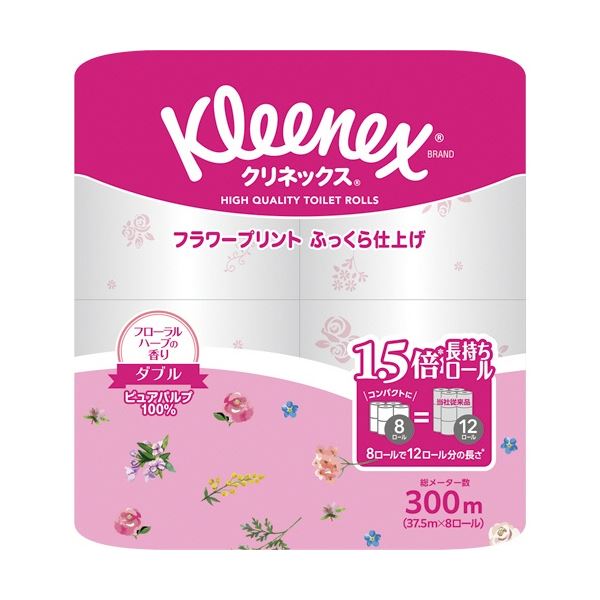 (まとめ) 日本製紙クレシア クリネックス コンパクト フラワープリント ダブル 芯あり 37.5m 香り付き 1パック(8ロール) 〔×20セット〕 【北海道・沖縄・離島配送不可】