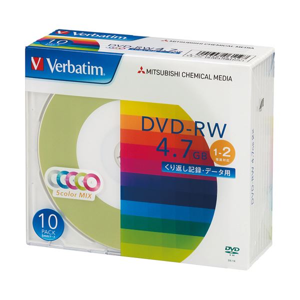 （まとめ）バーベイタム データ用DVD-RW4.7GB 1-2倍速 5色カラーMIX 5mmスリムケース DHW47NM10V1 1パック（10枚）〔×5セット〕 【北海道・沖縄・離島配送不可】