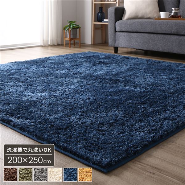 ラグ マット 約3畳 約200×250cm 長方形 ネイビー 床暖房 ホットカーペット対応 洗える シャギー 滑りにくい加工 制菌加工の通販は