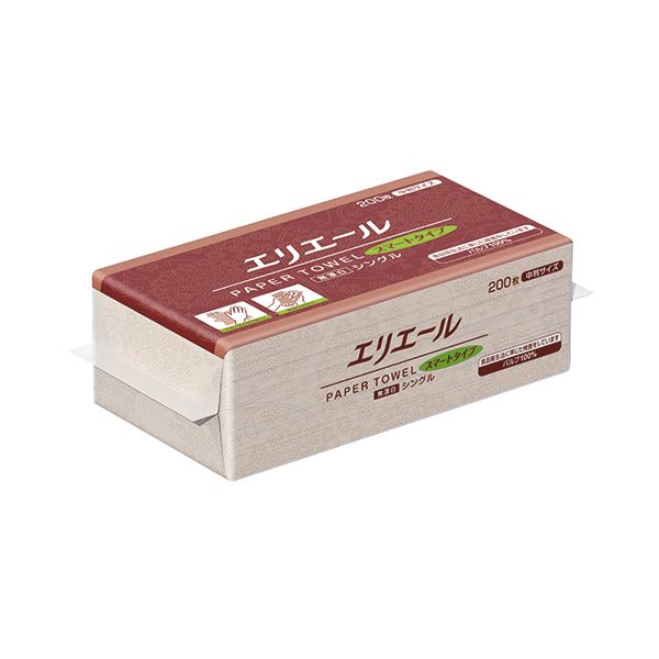 （まとめ）大王製紙 エリエールペーパータオルスマートタイプ 無漂白シングル 中判 200枚 1パック〔×30セット〕 【北海道・沖縄・離島配送不可】