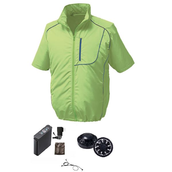 半袖 空調服/作業着 〔ファンカラー：ブラック カラー：ライムグリーン×ネイビー 5L〕 リチウムバッテリー付き LIPRO2 KU91720 【北海道・沖縄・離島配送不可】