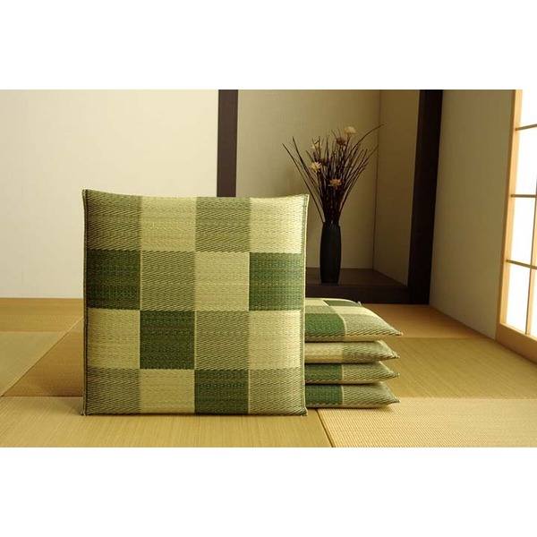 日本製 い草 座布団 クッション ブロック柄 グリーン 5枚組 約55×55cm 【北海道・沖縄・離島配送不可】