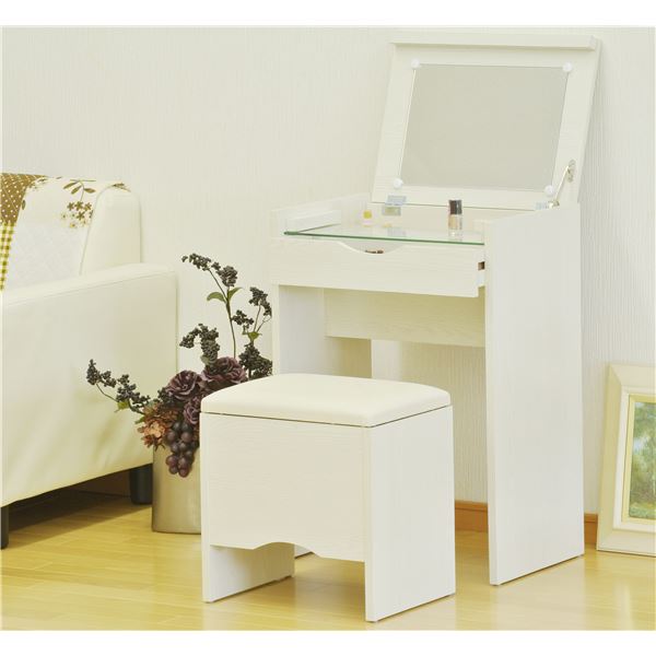 シンプル ドレッサーセット/化粧台・スツールセット 【木目ホワイト】 幅50cm HAGiHARA ドレッサー スツール セット 幅50cm コンセント 木製 （ 鏡